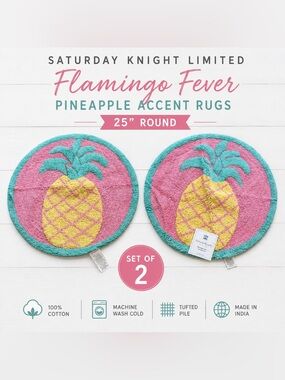NEW! Set of 2 Saturday Knight Flamingo Fever Pineapple Accent Rugs 25” Round NWT